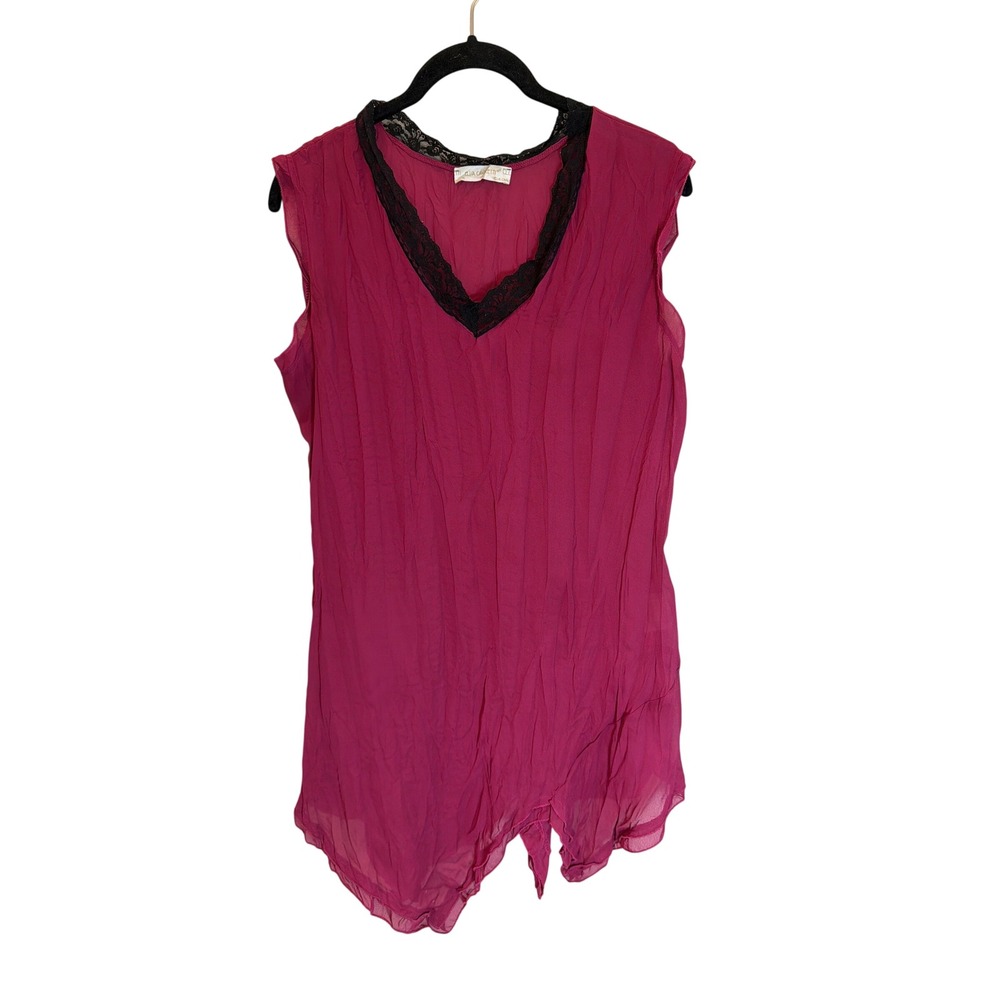 Elisa Cavaletti Magenta Pink Lace Trim V-Neck Crinkle Tunic Sleeveless Fairy Top